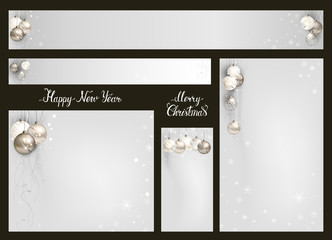Merry Christmas and Happy New Year decorative baubles on the elegant backgrounds. Headers with place for message. Vector holiday standard size 5 Web Banners Set.