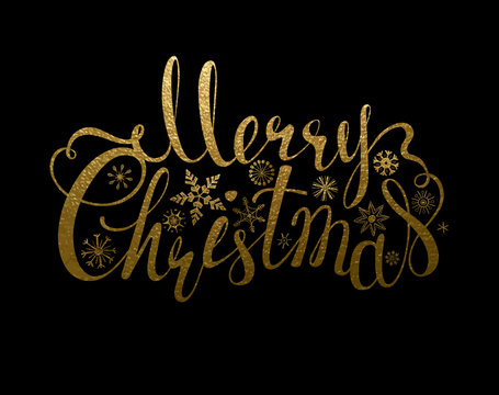 Holiday banner with decoration. Festive Calligraphy gold texture inscription Merry Christmas and hand-drawn snowflakes.