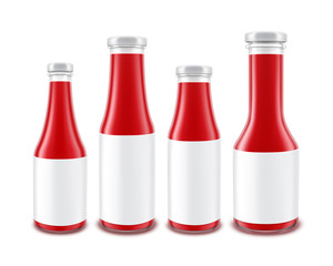 Set of Blank Glass Red Tomato Ketchup Bottles of different Shapes for Branding with White labels Isolated