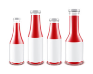 Set of Blank Glass Red Tomato Ketchup Bottles of different Shapes for Branding with White labels on White Background