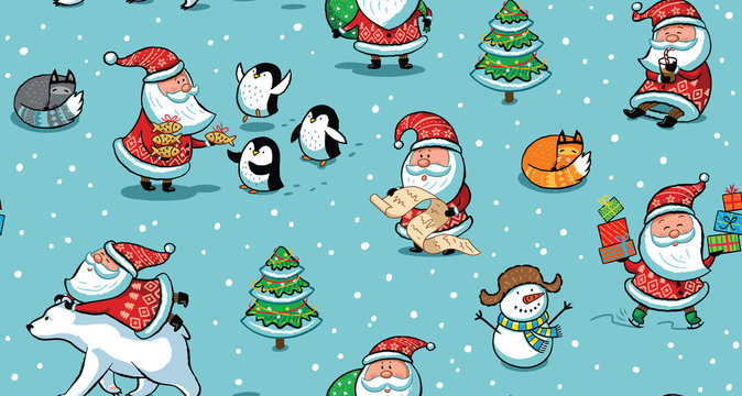 Christmas and New Year holiday pattern with funny Santa Claus