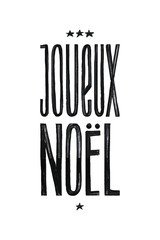 Joueux Noel Merry Christmas Retro Vector Poster in French. Black and White Monochrome Design. Ink Hand Drawn Calligraphy Template for Winter Holidays.