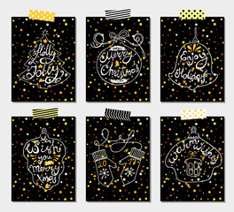 Christmas Holidays Vector Set of Hand Drawn Black Greeting Card. Happy New Year Concept Design Kit for different projects.