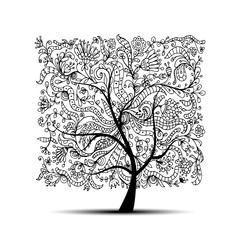 Floral tree, black silhouette for your design