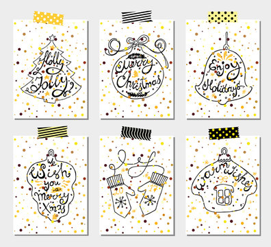 Christmas Holidays Vector Set of Hand Drawn Greeting Card. Happy New Year Concept Design Kit for different projects.
