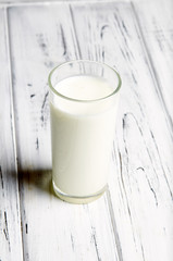 Glass of classical Greek yogurt with no additives on a white wooden table. Fresh organic farm milk in a transparent glass. A healthy diet for children and athletes.