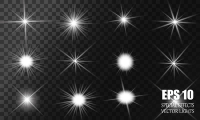 Set of Vector glowing light effect stars bursts with sparkles on transparent background. Transparent stars.