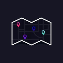 Vector dark map icon with Pin Pointers. Flat style