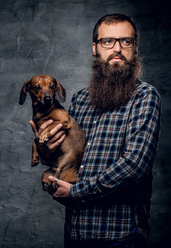 Bearded man holding dog in both hands. on gray background