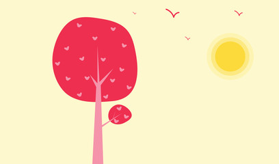 abstract love tree with birds and sun