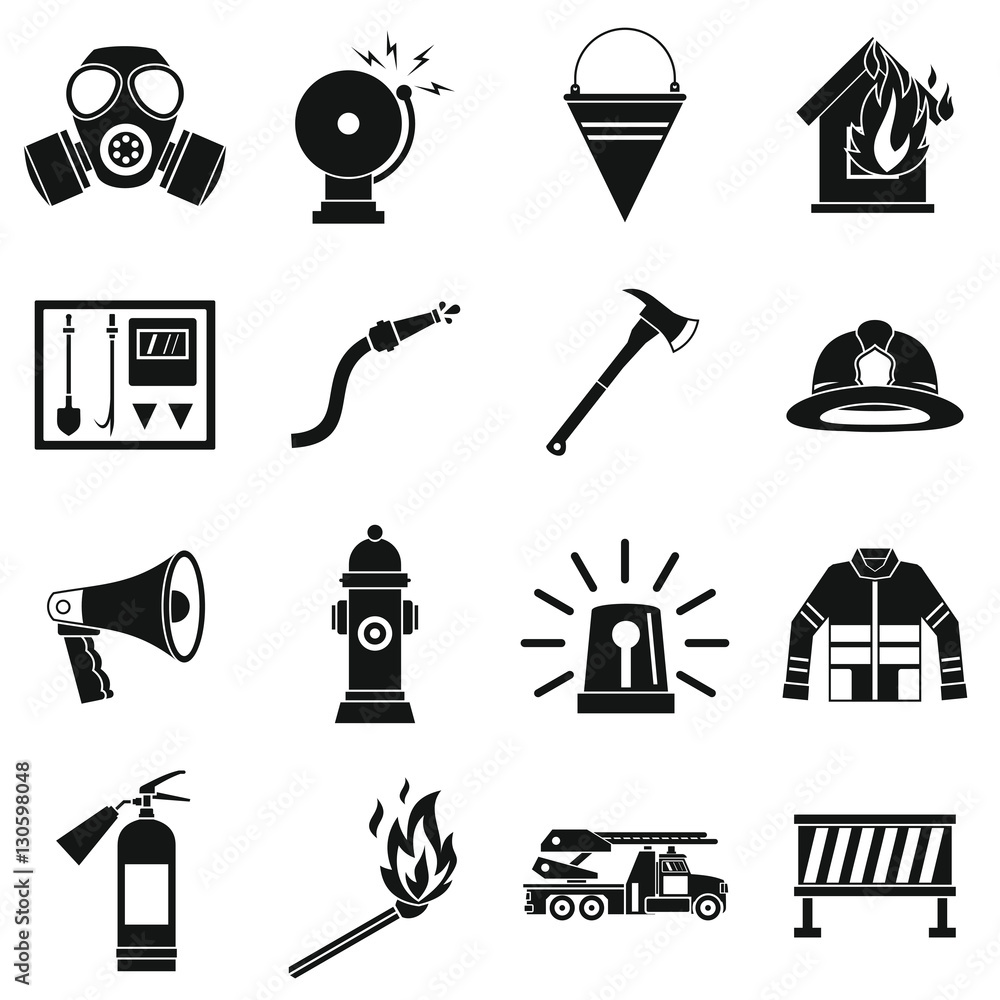 Poster fireman tools icons set. simle illustration of 16 fireman tools vector icons for web