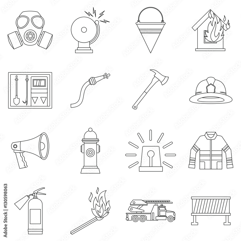 Poster fireman tools icons set. outline illustration of 16 fireman tools vector icons for web