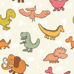 Cute seamless pattern with funny dinosaurs. vector illustration