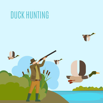 Hunting concept illustration. Duck hunting vector illustration with hunter and ducks
