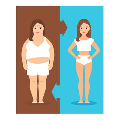 Weight loss concept. Slim and overweight girls vector illustration