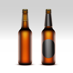 Set of Closed Blank Glass Brown Bottles with without Black labels of Light Beer Close up Isolated on White Background