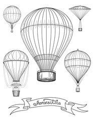 Aeronautica poster design vector illustration. Graphic poster with hot air balloons and ribbon Aeronautica