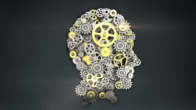 Steel gears making human head shape. human intelligence.