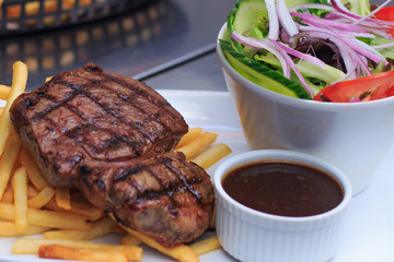 Black Angus Rump Steak with French Fries and garden salad
