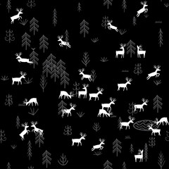 Vector seamless pattern with wild forest life and deers at night