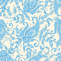 Floral seamless pattern with paisley ornament. Vector illustration in Asian textile style - obrazy, fototapety, plakaty