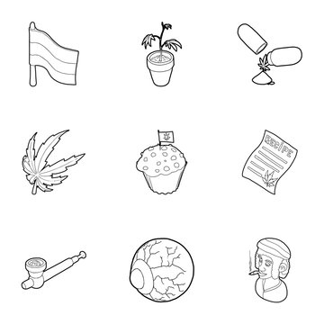 Hashish icons set. Outline illustration of 9 hashish vector icons for web