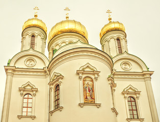 The towers and the the golden domes of the Saint Catherine cathedral in Tsarskoye Selo (Pushkin) in autumn.