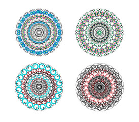Set of 4 round ornaments in the style of mandalas. Mexican style. Ornament color card