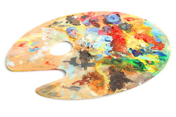 Wooden art palette on white background.
