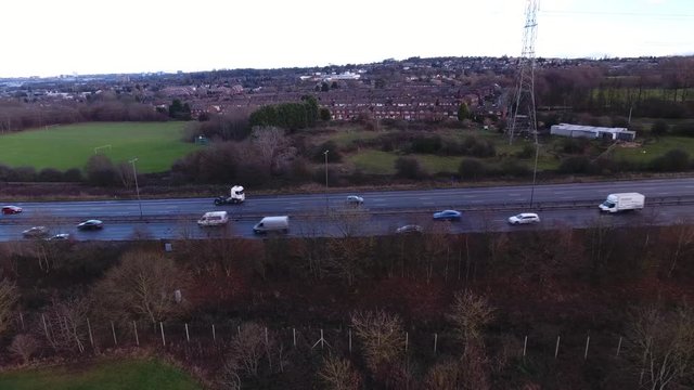 Low aerial shot of a UK motorway.