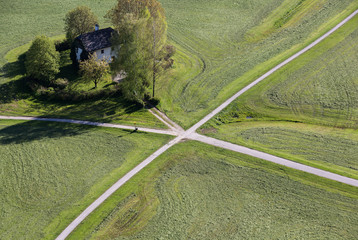 Aerial panoramic view from the top of Hohensalzburg fortress (Castle) on cultivated land divided by the crossing ways (roads). Salzburg, Austria