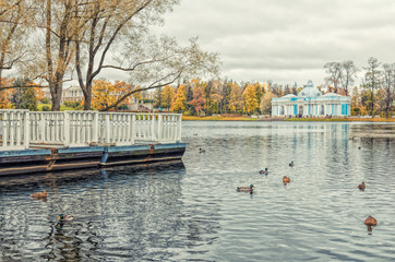 The Pier and Grotto pavillion on the Great Pond  in the Catherine park in Tsarskoye Selo (Pushkin).
