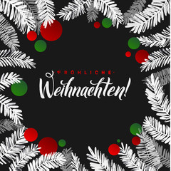Fototapeta na wymiar Merry Christmas Fir Tree Card. White and Red Watercolor Branches and Balls. Calligraphy Greeting Poster Template. Isolated Black Background. Hand Lettering Illustration
