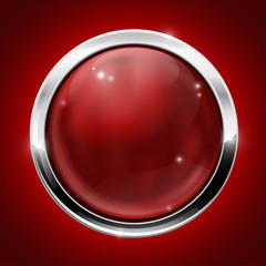 Red button with metal chrome frame on red background