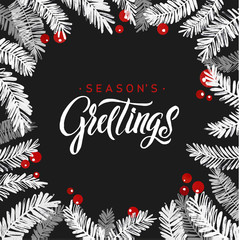 Merry Christmas Fir Tree Card. White and Red Watercolor Branches and Berries. Calligraphy Greeting Poster Template. Isolated Black Background. Hand Lettering Illustration