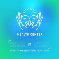 Vector Medical Center Health Card. Business concept for beauty salon, spa massage studio. Trendy hand symbol with heart and lotus, Natural medicine line icon. Modern vector blurred background