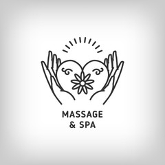 Vector massage and spa therapy logo template. Trendy linear icon hands holding heart. Beauty, relax and natural medicine thin line symbols. Trendy minimal outline design, Vector illustration