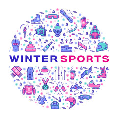 Winter sports icons. Collage of sports symbols in a circle. Trendy infographics for a sporting event, contest, sport shop, sale tag, marketing. Colorful thin line icons set, Vector illustration