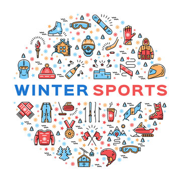 Winter sports collage of icons in a circle. Trendy infographics for a sporting event, contest, sport shop, sale tag, marketing. Colorful thin line icons set, Vector illustration