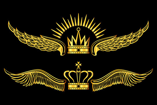 Set of golden winged crowns logos black background