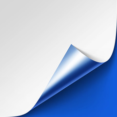 Vector Curled Metalic Silver Corner of White Paper with Shadow Mock up Close up Isolated on Bright Blue Background