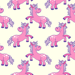 Pastel colored hand drawn unicorns seamless pattern