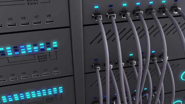 Server. Realistic LED. Working data servers. Camera moves to the right.