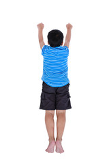 Top view of child look like flying superhero, isolated on white.