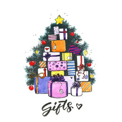 Naklejka premium Christmas tree with gifts. Hand drawn watercolor illustration 