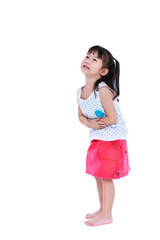 Asian child in pink skirt suffering from stomachache. Isolated on white background.