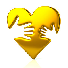 3d illustration of adult and kid hand on golden heart