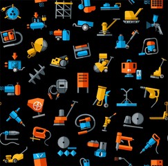 Construction equipment and tools, seamless background, black, colored. Vector background with images of equipment for construction and repair. Colored, flat images on a black field. 