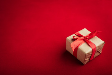 Christmas background with xmas tree and sparkle bokeh lights on wooden canvas background. Merry christmas card. Winter holiday theme. Happy New Year. Space for text. Happy Holidays