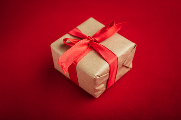 Christmas background with xmas tree and sparkle bokeh lights on wooden canvas background. Merry christmas card. Winter holiday theme. Happy New Year. Space for text. Happy Holidays